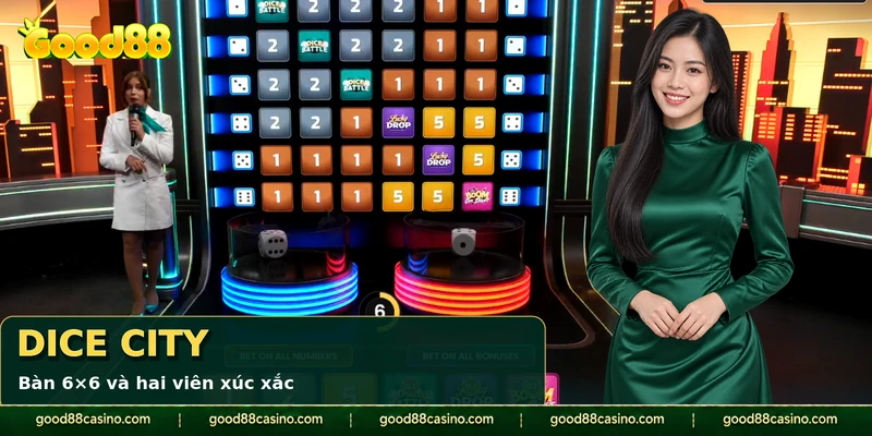 Bảng Dice City GOOD88 với các ô số, biểu tượng bonus và hai viên xúc xắc.
