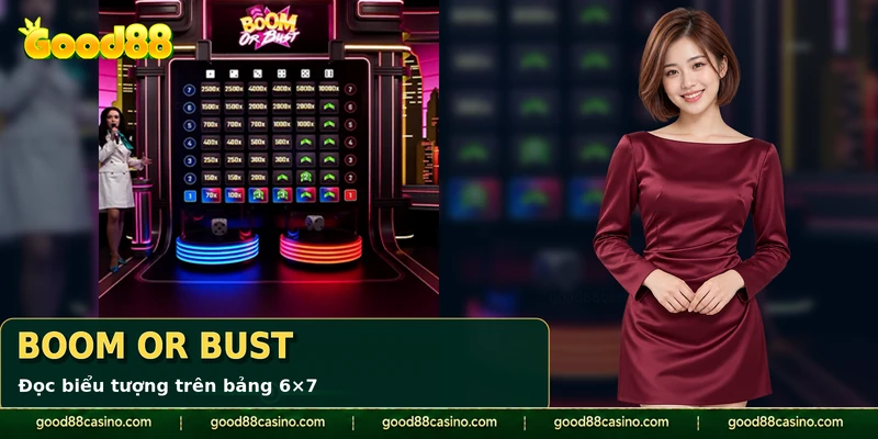 Bảng Boom or Bust trong Dice City với hệ số và biểu tượng Level Up.